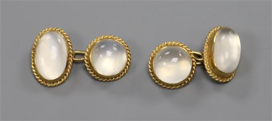A pair of 9ct gold and oval moonstone cufflinks.